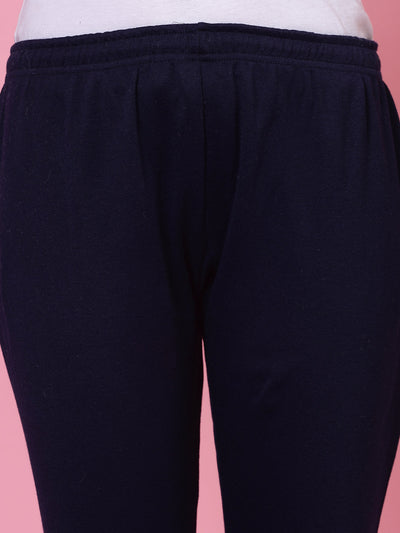 Navy blue solid woollen leggings with elasticated waistband and drawstring closure.