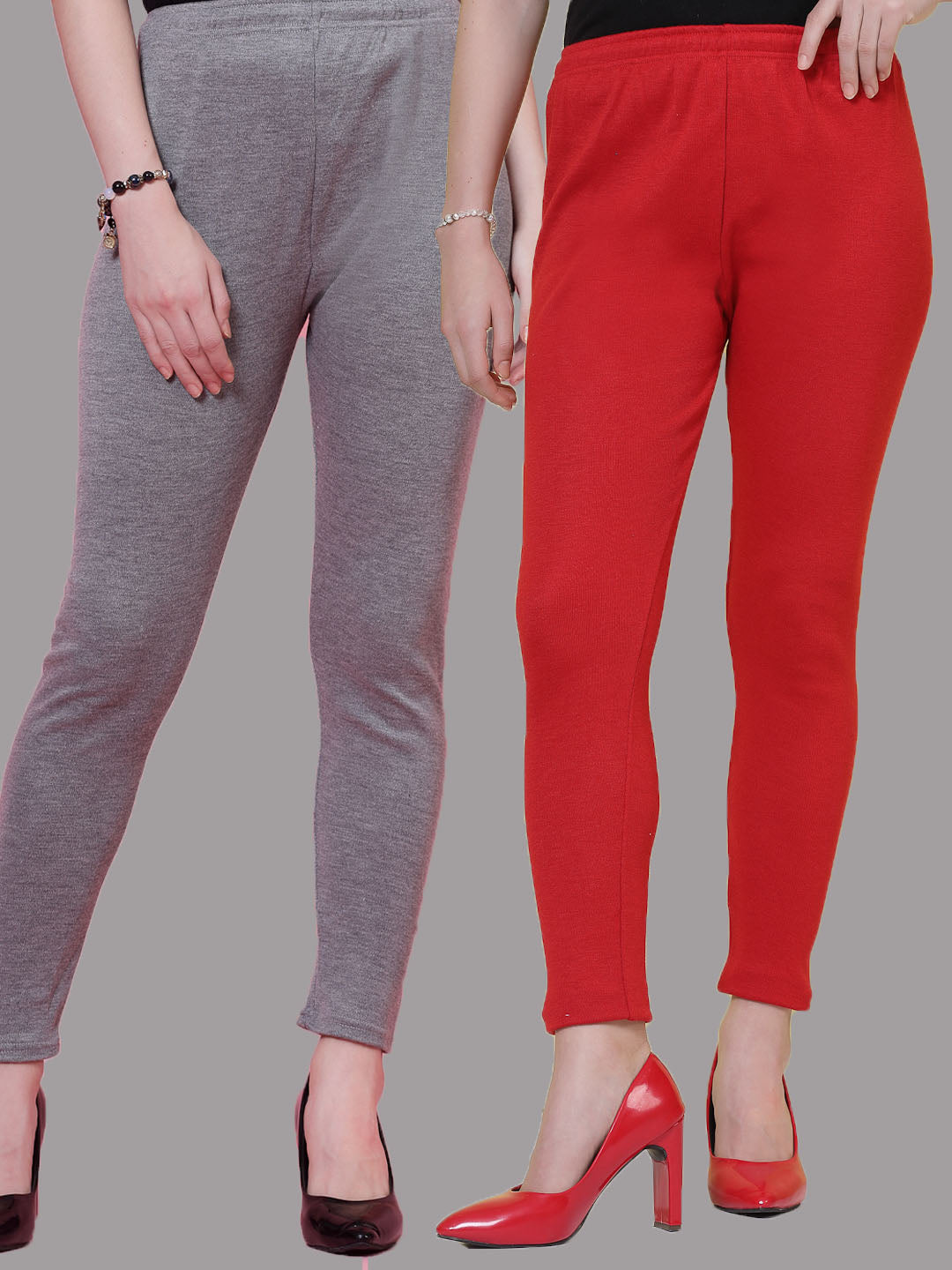Grey & Red Solid Woollen Leggings (Pack of 2)