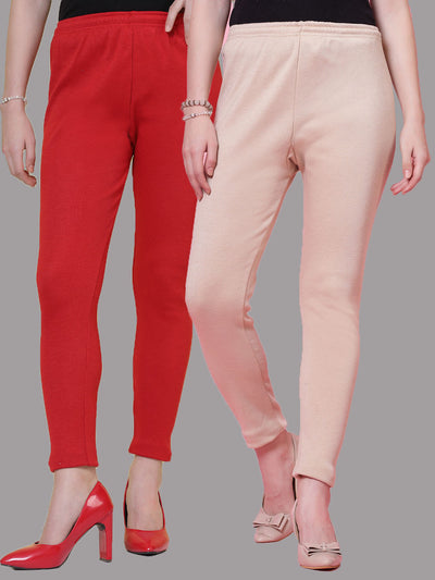 Red and light fawn solid woollen leggings pack of 2 with elastic waistband and drawstring closure.