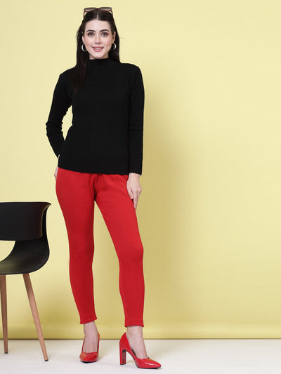 Red and light fawn solid woollen leggings with elastic waistband and drawstring closure.