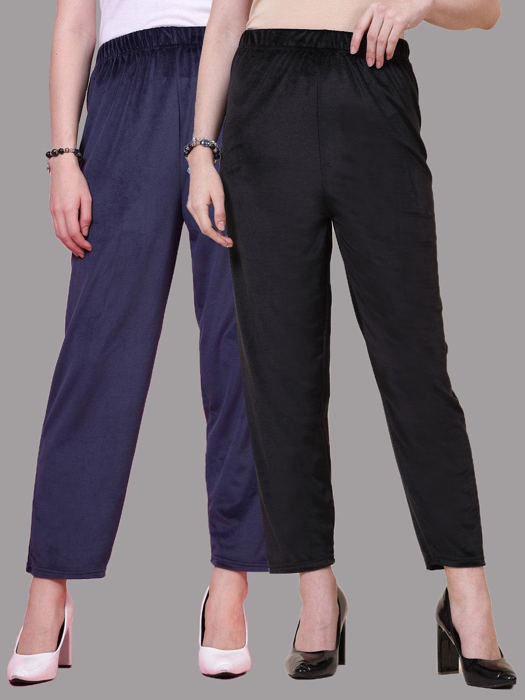 Navy Blue and Black Solid Velvet Palazzo Pack of 2 with Elasticated Waistband