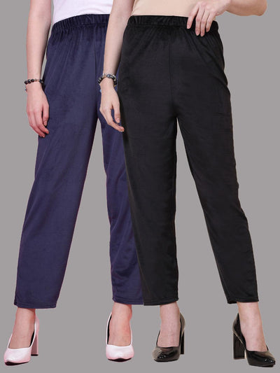 Navy Blue and Black Solid Velvet Palazzo Pack of 2 with Elasticated Waistband