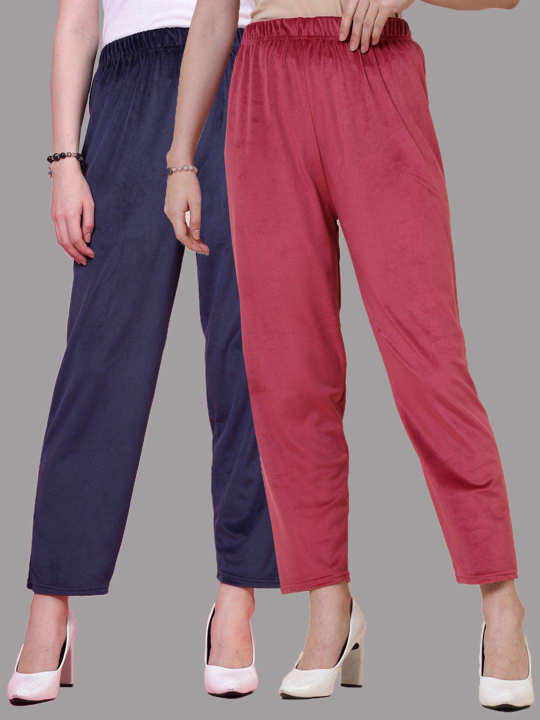 Navy blue and maroon solid velvet palazzo pack with elasticated waistband.