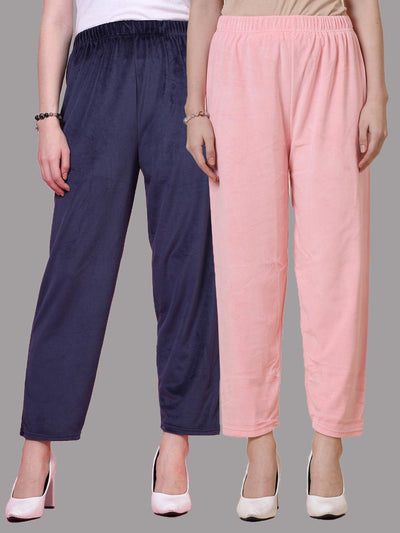 Navy Blue and Baby Pink Solid Velvet Palazzo Pack with Elastic Waistband