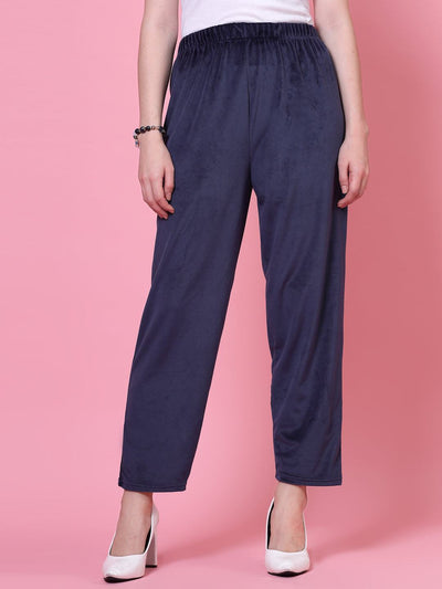 Navy Blue Solid Velvet Palazzo with elasticated waistband.