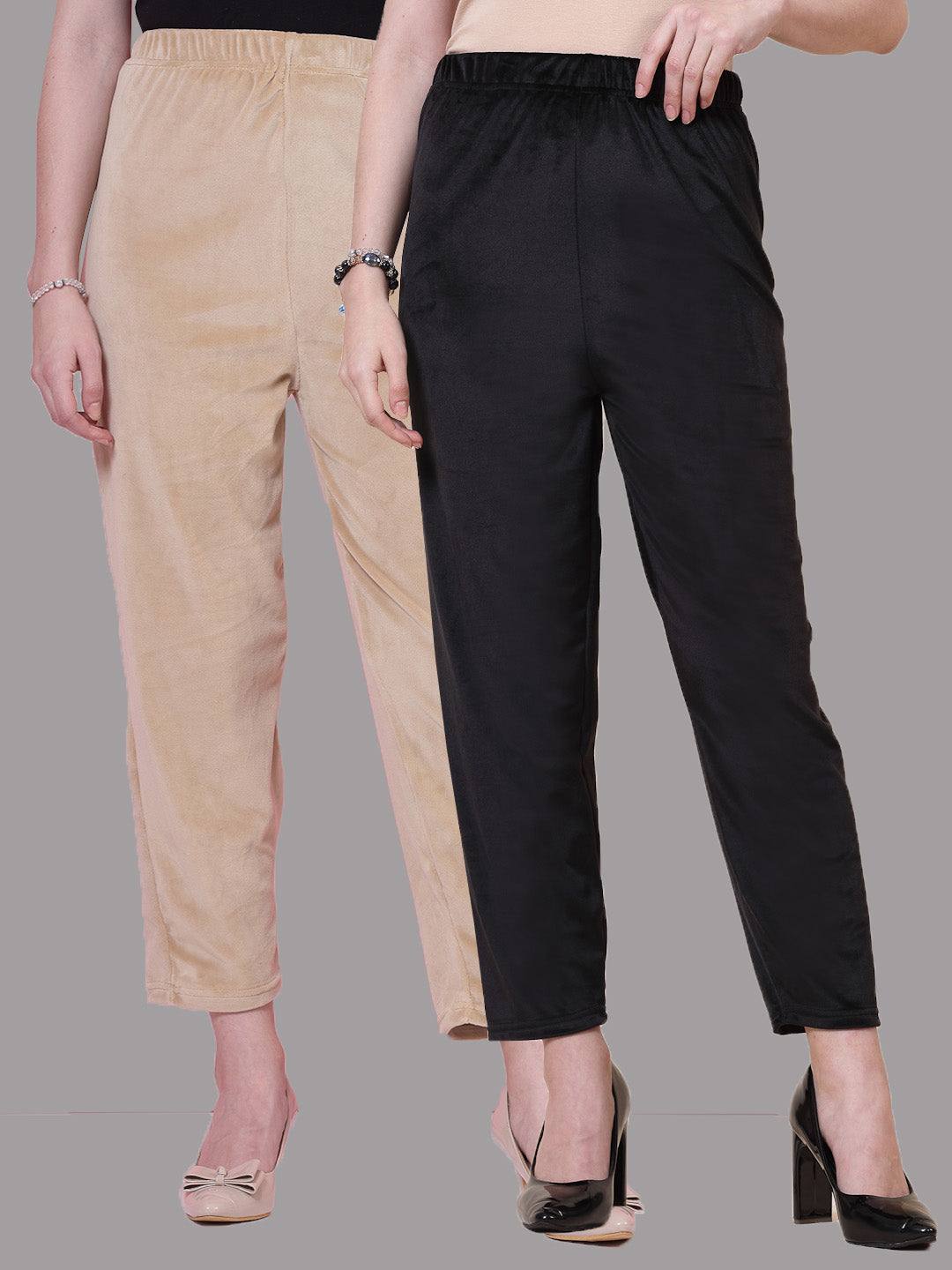 Fawn and black solid velvet palazzo pack with elasticated waistband and slip-on closure.