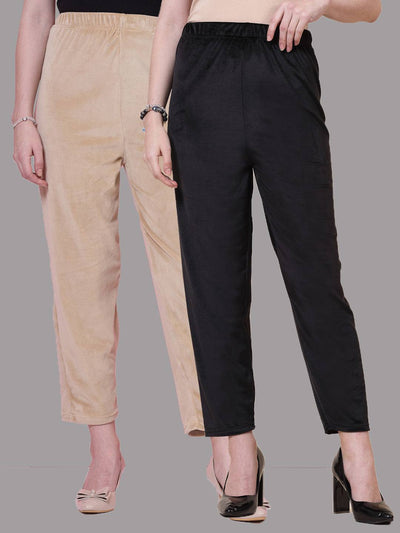 Fawn and black solid velvet palazzo pack with elasticated waistband and slip-on closure.