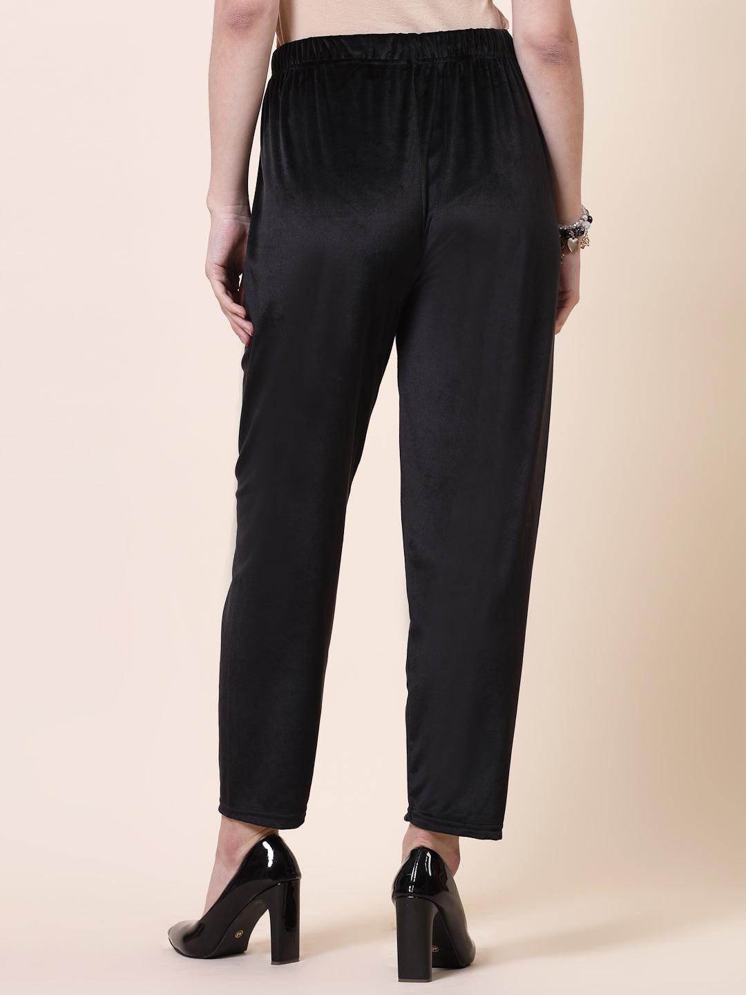 Fawn & Black Solid Velvet Palazzo Pack, elastic waistband, slip-on closure.