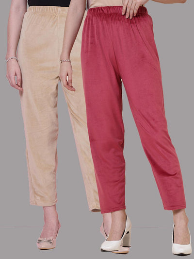 Fawn and maroon solid velvet palazzo pack with elasticated waistband.
