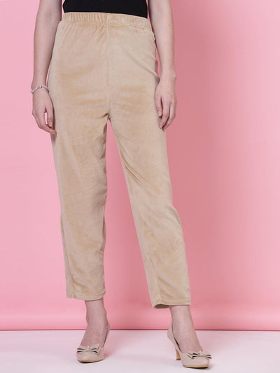 Fawn & Maroon Solid Velvet Palazzo with elastic waistband.