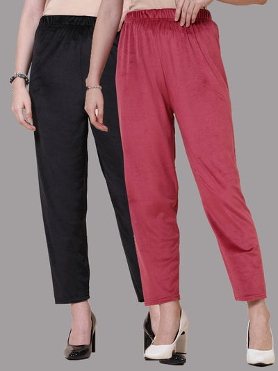 Black and maroon solid velvet palazzo pack of 2 with elasticated waistband.