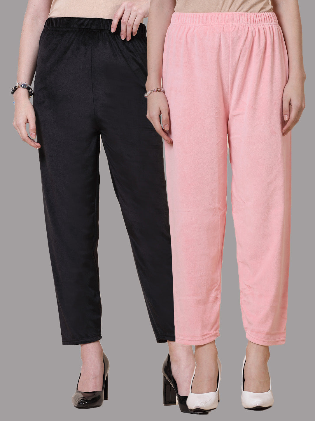 Black & Baby Pink Solid Velvet Palazzo (Pack Of 2)