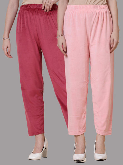 Maroon and baby pink solid velvet palazzo pack with elasticated waistband.
