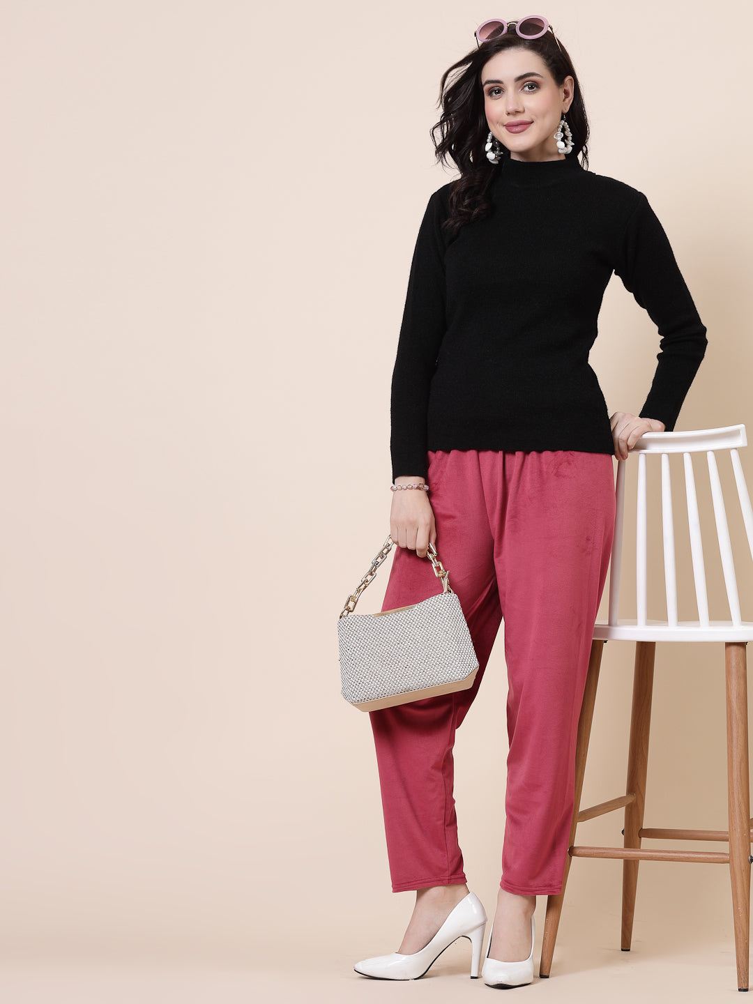 Maroon & Baby Pink Velvet Palazzo Pack with Elastic Waistband