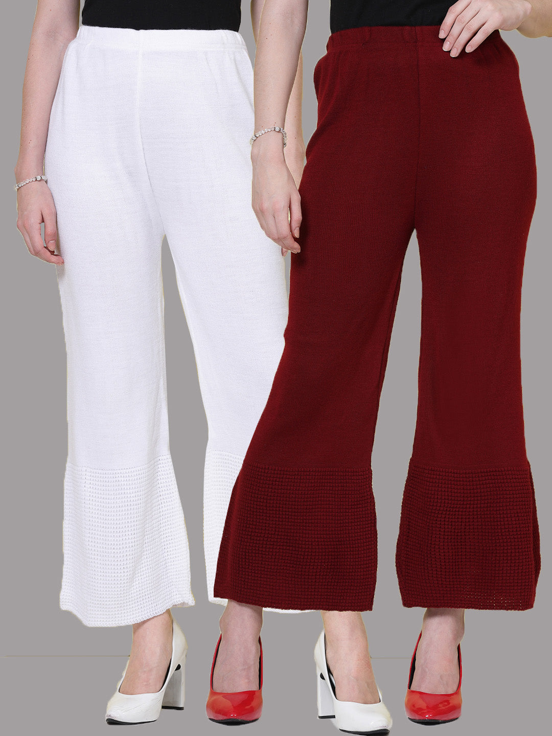 White & Maroon Solid Woollen Palazzo Pack with elasticated waistband and slip-on closure.