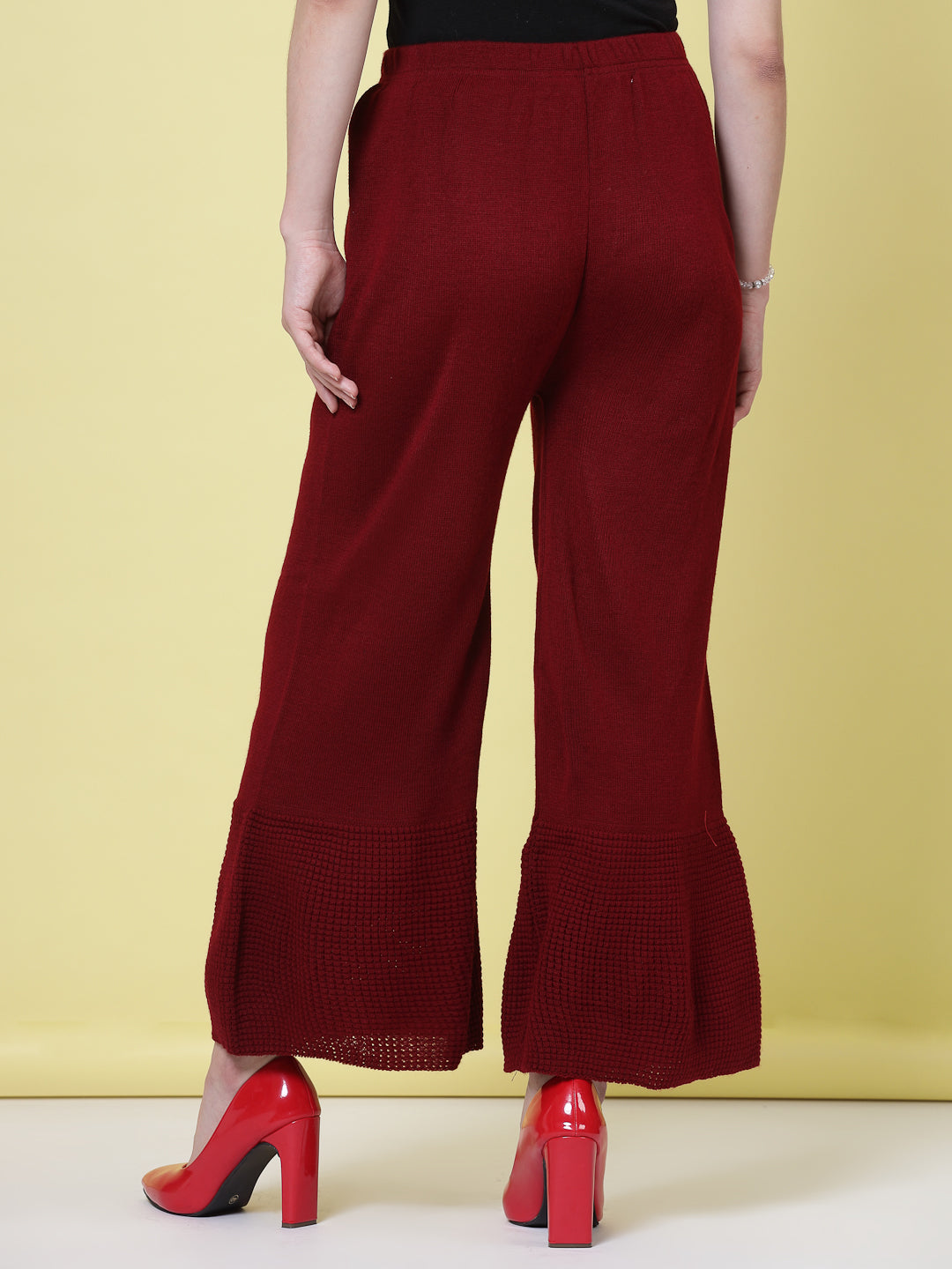 White & Maroon Solid Woollen Palazzo with Elasticated Waistband
