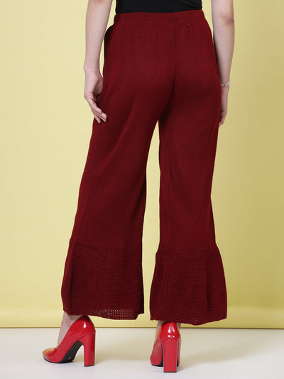 White & Maroon Solid Woollen Palazzo with Elasticated Waistband