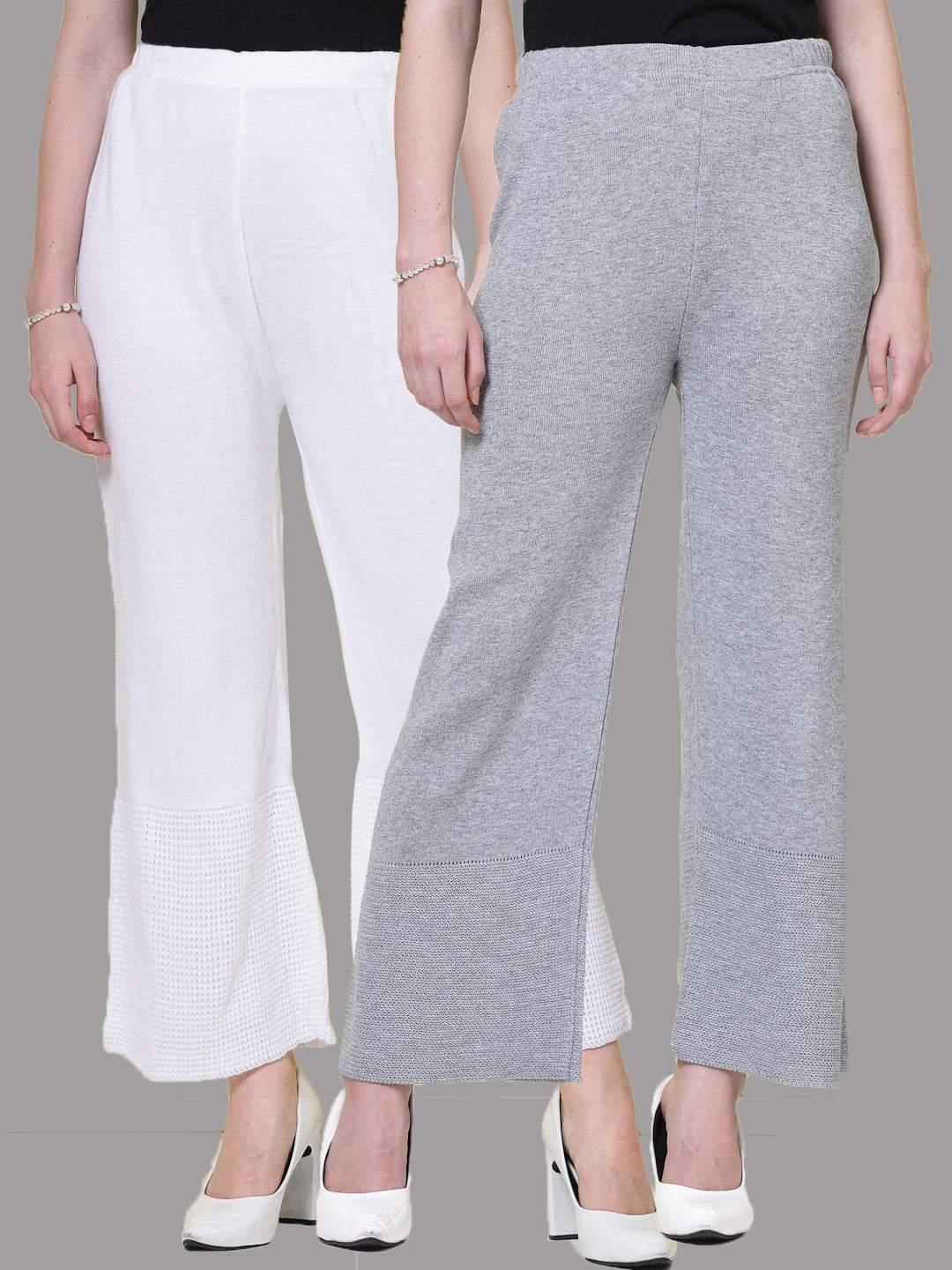 White and light grey solid woollen palazzo pack with elastic waistband.