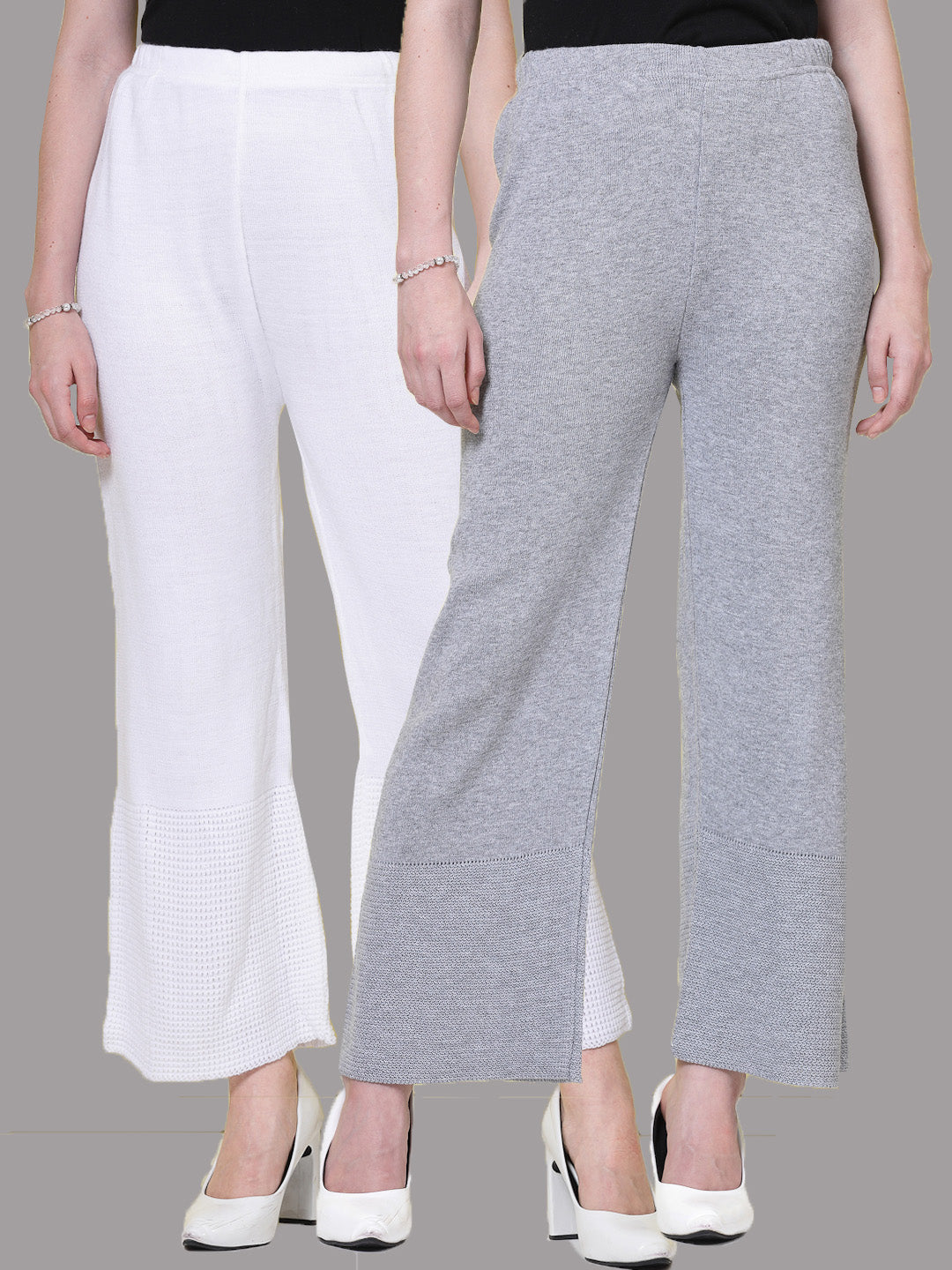 White & Light Grey Solid Woollen Palazzo (Pack of 2)