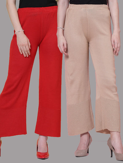 Red and beige woollen palazzo pants pack with elasticated waistband.