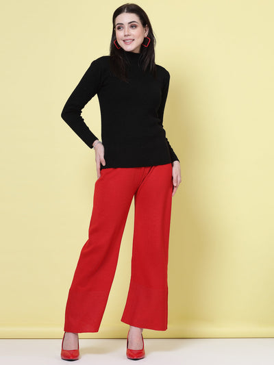 Red & beige solid woollen palazzo pack with elasticated waistband.