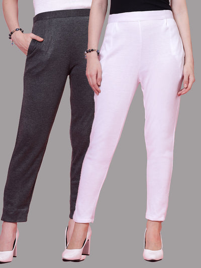 Dark grey and white solid woollen trousers with elasticated waistband and side pockets.