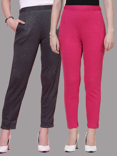 Dark grey and magenta solid woollen trousers pack with elasticated waistband and side pockets.
