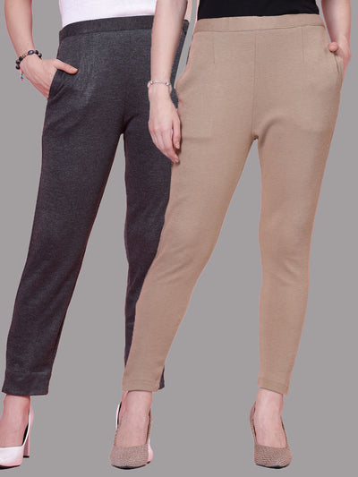 Dark grey and dark fawn solid woollen trousers with elasticated waistband and side pockets.