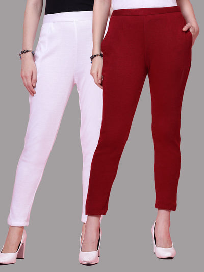White and maroon solid woollen trousers pack with elasticated waistband and side pockets.
