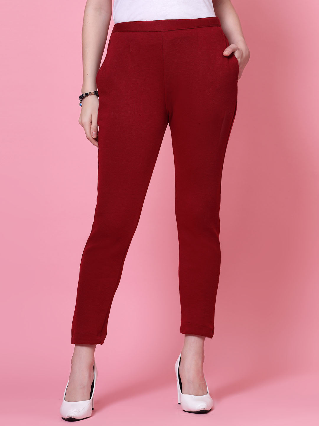 White & Maroon Solid Woollen Trouser Pack with elasticated waistband and side pockets.
