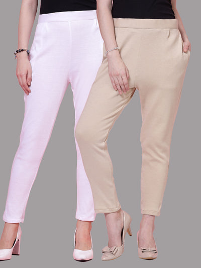 White and light fawn solid woollen trouser pack with elastic waistband and side pockets.