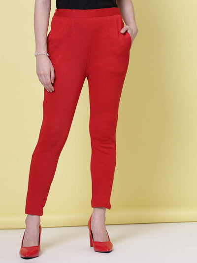 Red solid semi Patiala woollen salwar with elasticated waistband.