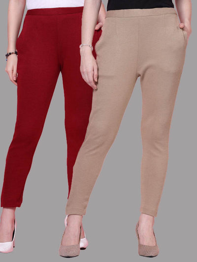 Maroon & Dark Fawn Solid Woollen Trouser (Pack of 2)