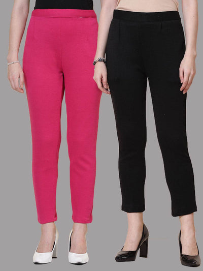 Magenta and black solid woollen trousers with elastic waistband and side pockets.