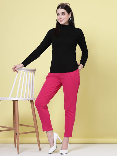 Magenta and black solid woollen trousers with elasticated waistband and side pockets.