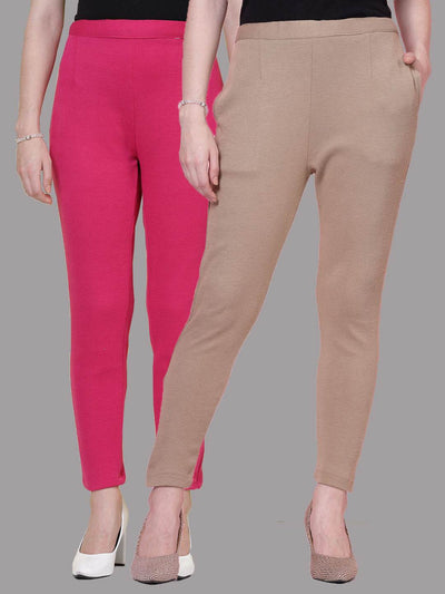 Magenta and dark fawn solid woollen trousers with elastic waistband and side pockets.