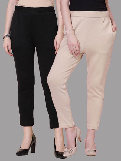 Black and light fawn solid woollen trousers with elasticated waistband and side pockets.