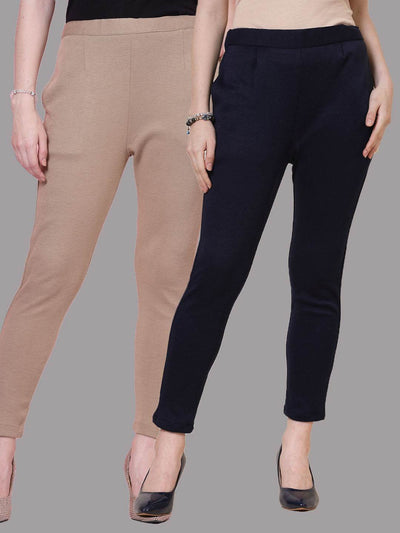 Dark Fawn and Navy Blue Solid Woollen Trousers with Elastic Waistband and Side Pockets Pack.