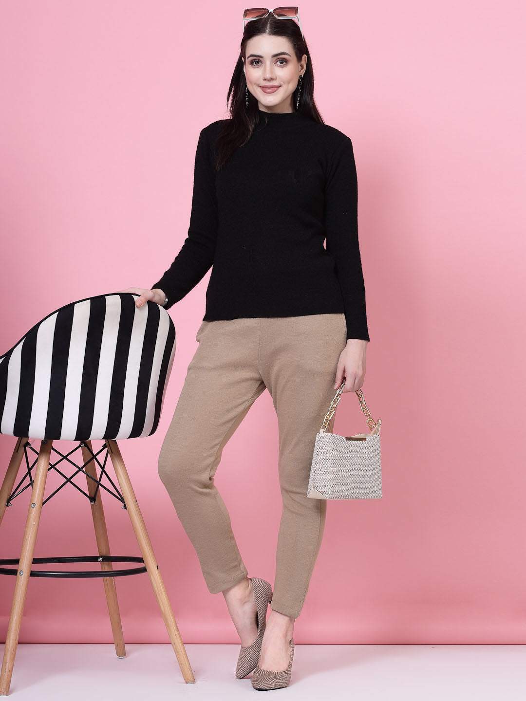 Dark Fawn & Navy Blue Solid Woollen Trouser Pack with Elasticated Waistband and Pockets.