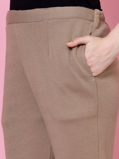 Dark Fawn woollen trouser with elasticated waistband and side pocket.