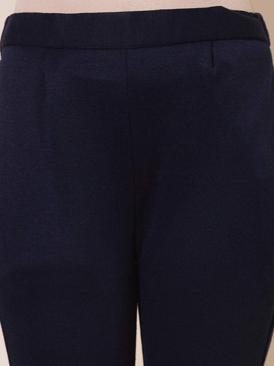 Dark fawn and navy blue solid woollen trouser pack with elastic waistband and side pockets.