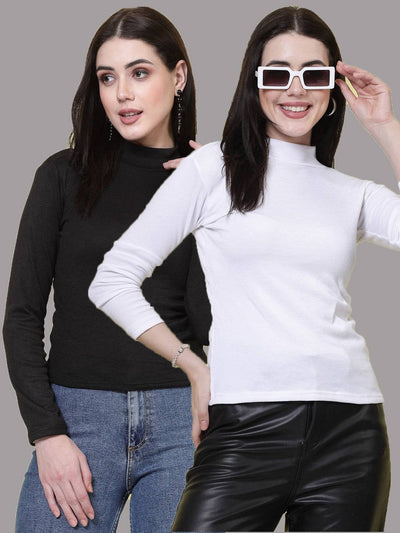 Women Black & White Solid High Neck Regular Top (Pack of 2)