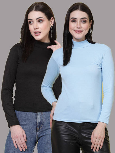 Black and sky blue solid high neck regular tops, full sleeves, casual wear, pack of two.