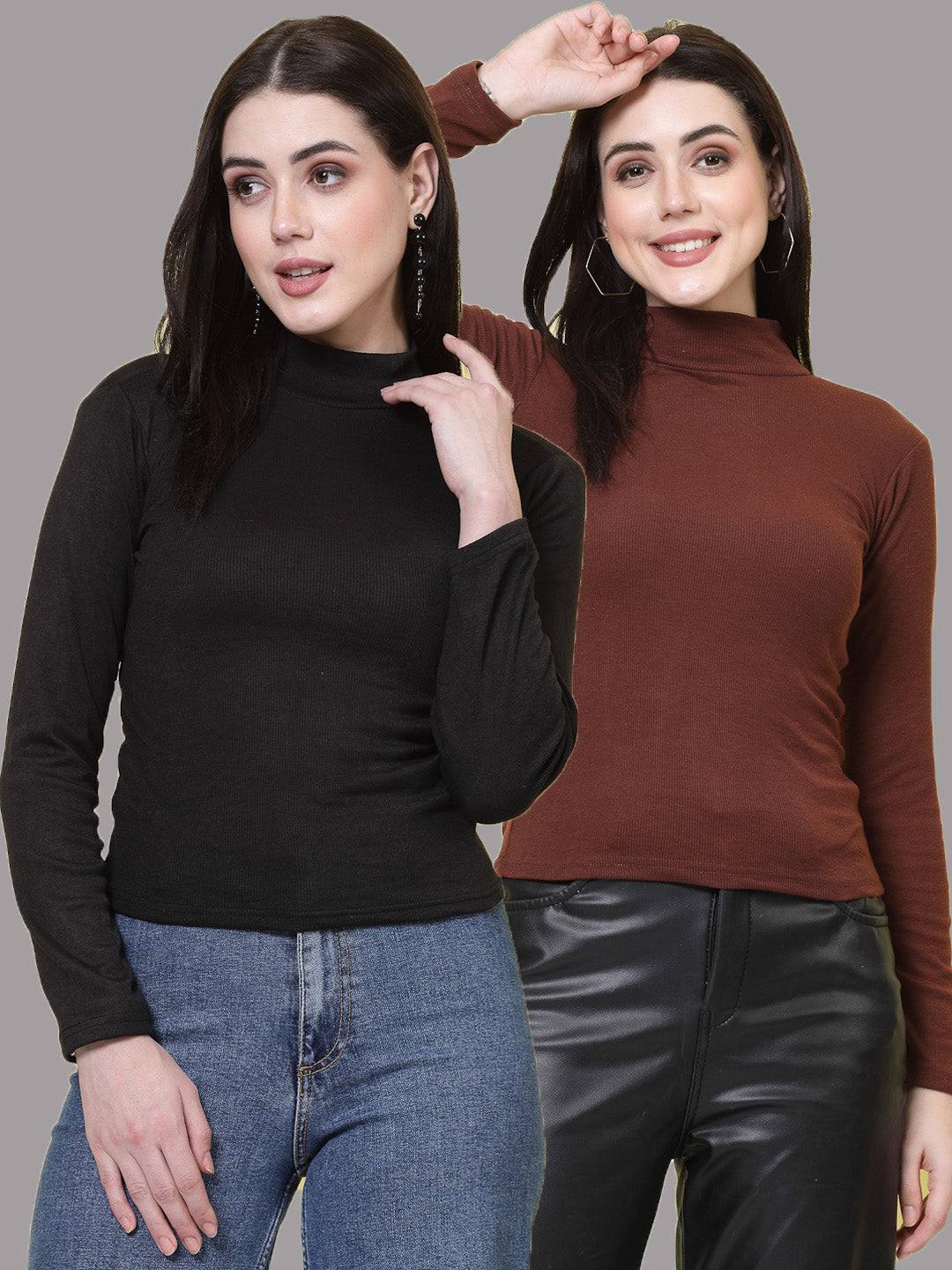 Black and brown solid high neck regular tops, full sleeves, casual wear.