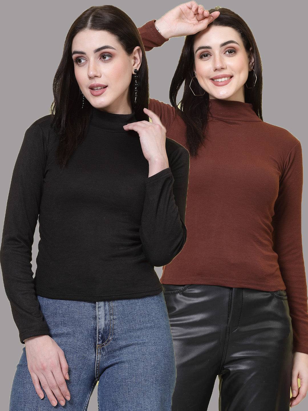 Women Black & Brown Solid High Neck Regular Top (Pack of 2)