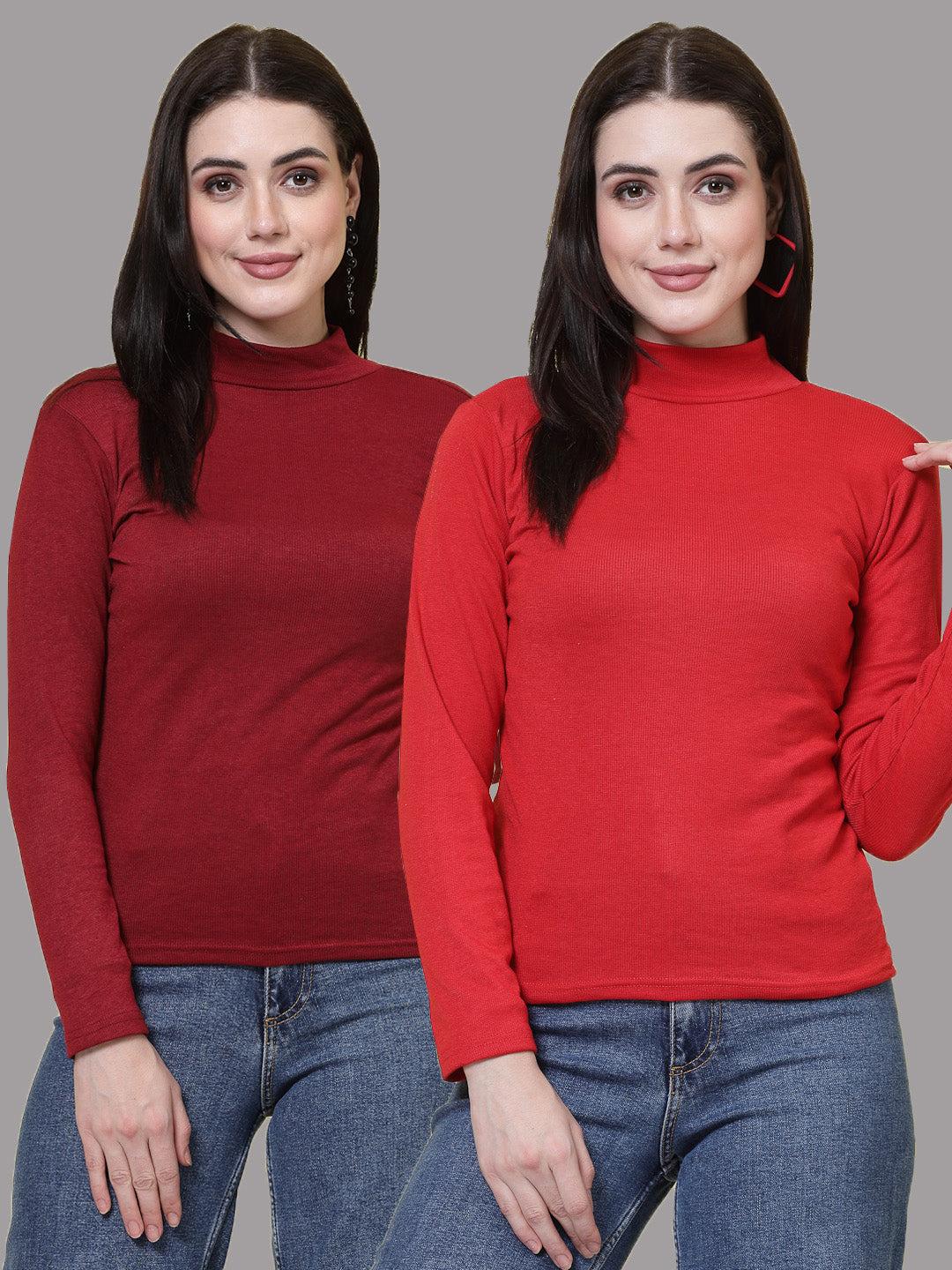 Maroon and red solid high neck regular tops pack of 2, full sleeves, casual wear.
