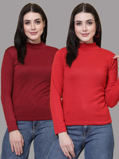 Maroon and red solid high neck regular tops pack of 2, full sleeves, casual wear.