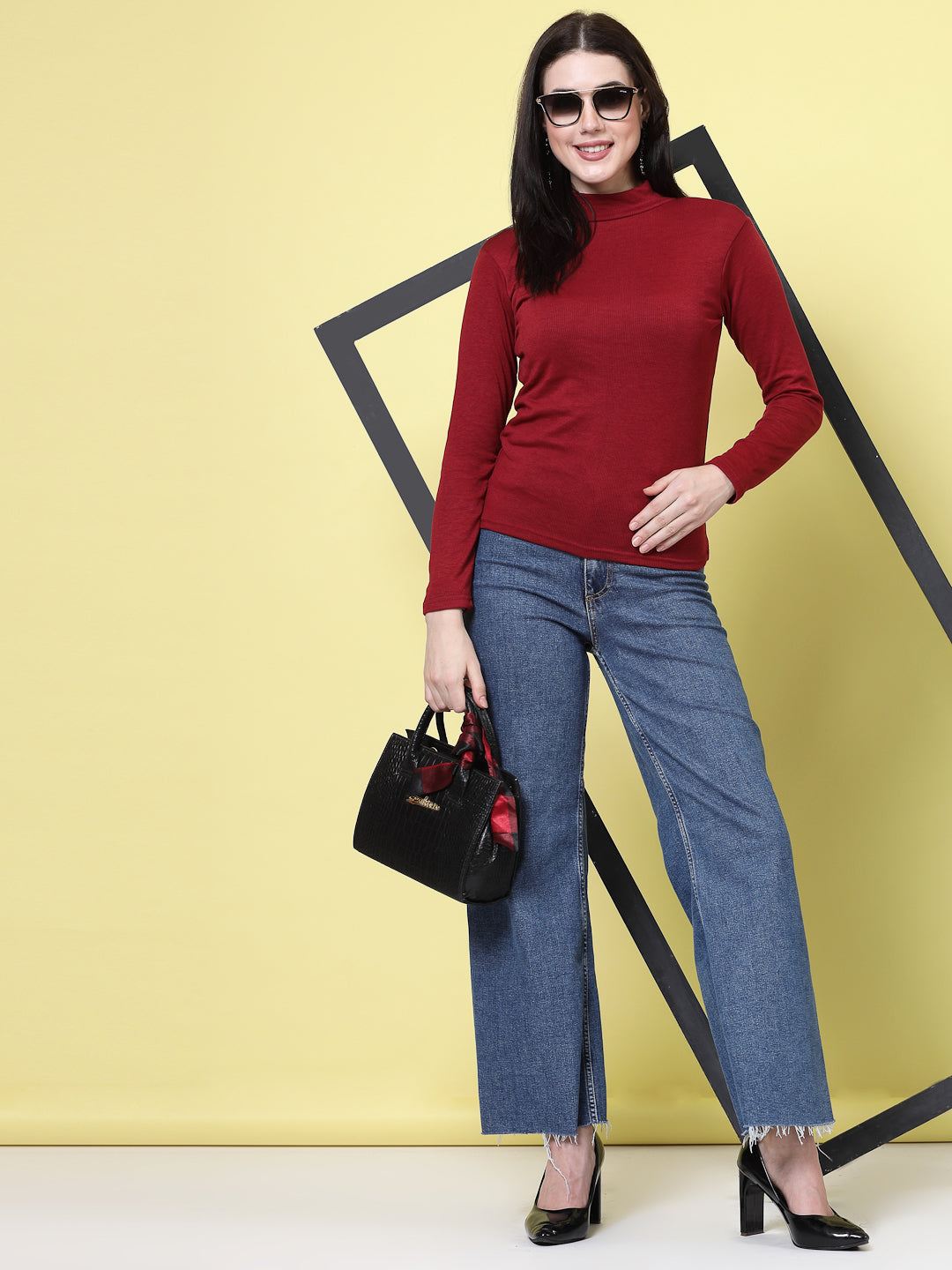 Maroon and red solid high neck regular tops pack, full sleeves, casual wear.
