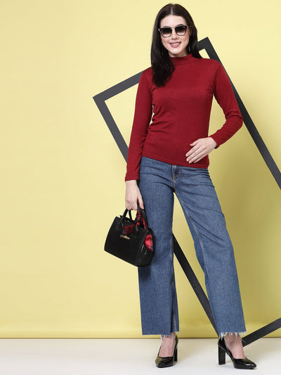 Maroon and red solid high neck regular tops pack, full sleeves, casual wear.