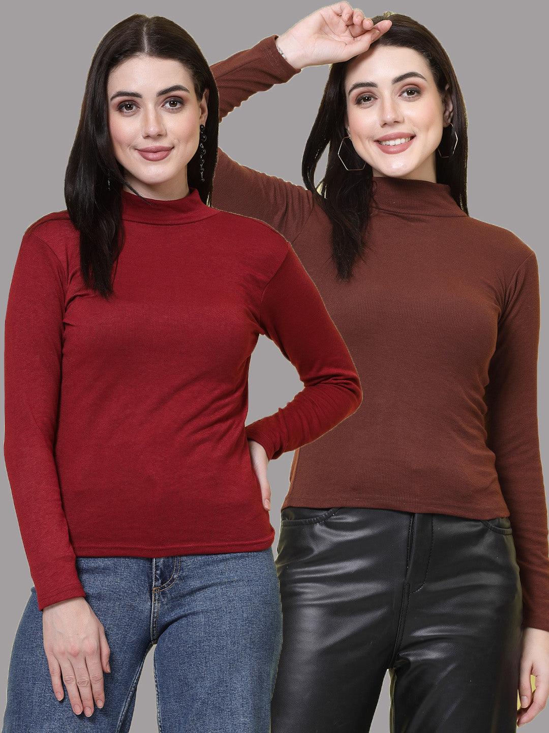 Maroon and brown solid high neck regular tops, full sleeves, casual wear, pack of 2.